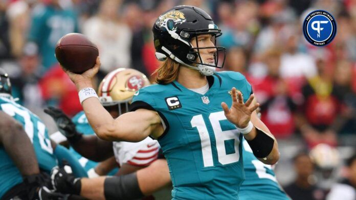 Jacksonville Jaguars quarterback Trevor Lawrence (16) prepares to throw a third quarter pass to Jacksonville Jaguars wide receiver Christian Kirk (13) who caught it for a first down. The Jacksonville Jaguars hosted the San Francisco 49ers at EverBank Stadium in Jacksonville, FL Sunday, November 12, 2023. The Jaguars trailed 13 to 3 at the half and fell to the 49ers with a final score of 34 to 3.