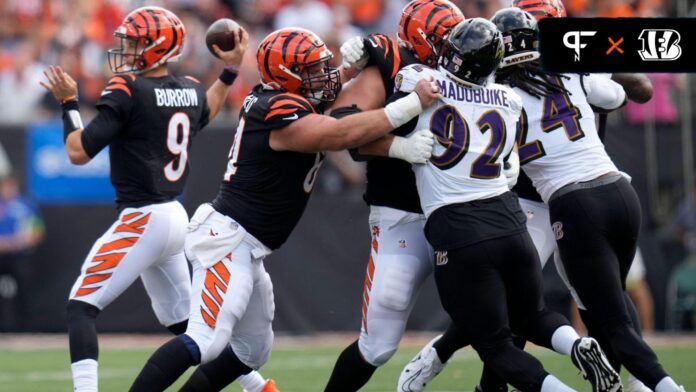 Cincinnati Bengals center Ted Karras (64), Cincinnati Bengals guard Alex Cappa (65) and Cincinnati Bengals offensive tackle Orlando Brown Jr. (75) block as Cincinnati Bengals quarterback Joe Burrow (9) throws in the second quarter at Paycor Stadium.