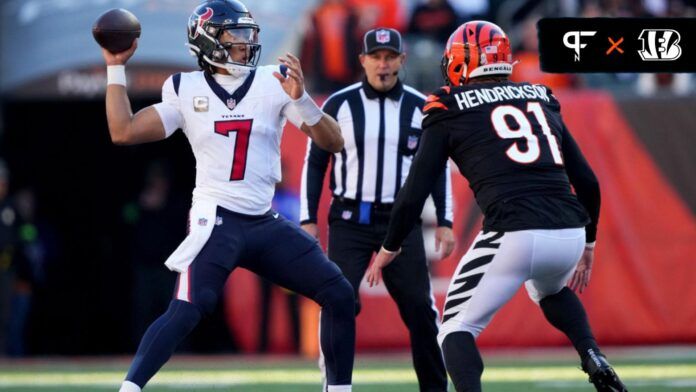 Cincinnati Bengals DE Trey Hendrickson (91) puts pressure on Houston Texans QB C.J. Stroud (7).