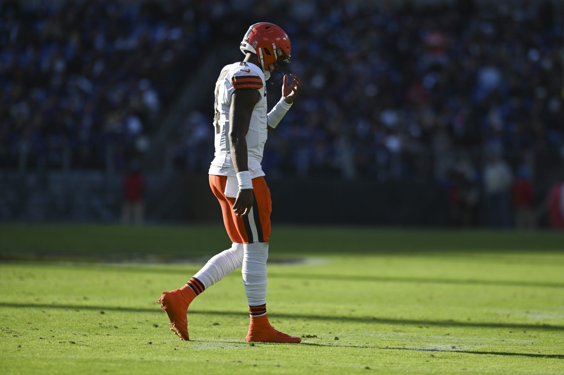 Cleveland Browns QB Deshaun Watson (4) walks to the sidelines in the game against the Baltimore Ravens.