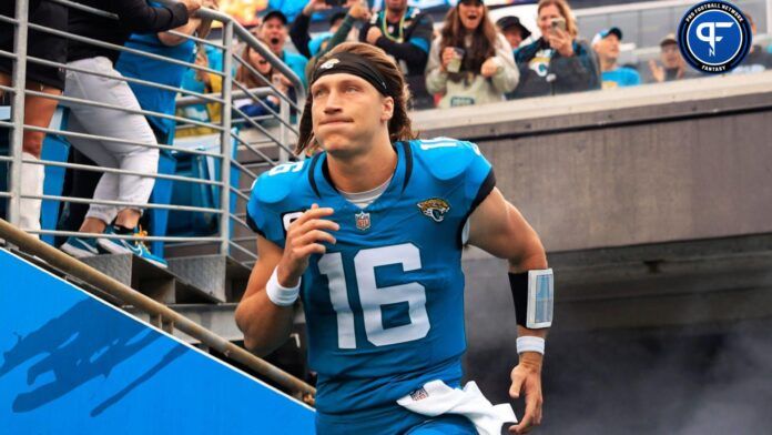 Trevor Lawrence (16) takes to the field before an NFL football game Sunday, Nov. 12, 2023 at EverBank Stadium in Jacksonville, Fla.