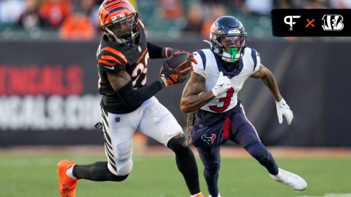 Cincinnati Bengals CB Cam Taylor-Britt (29) intercepts a pass against the Houston Texans.