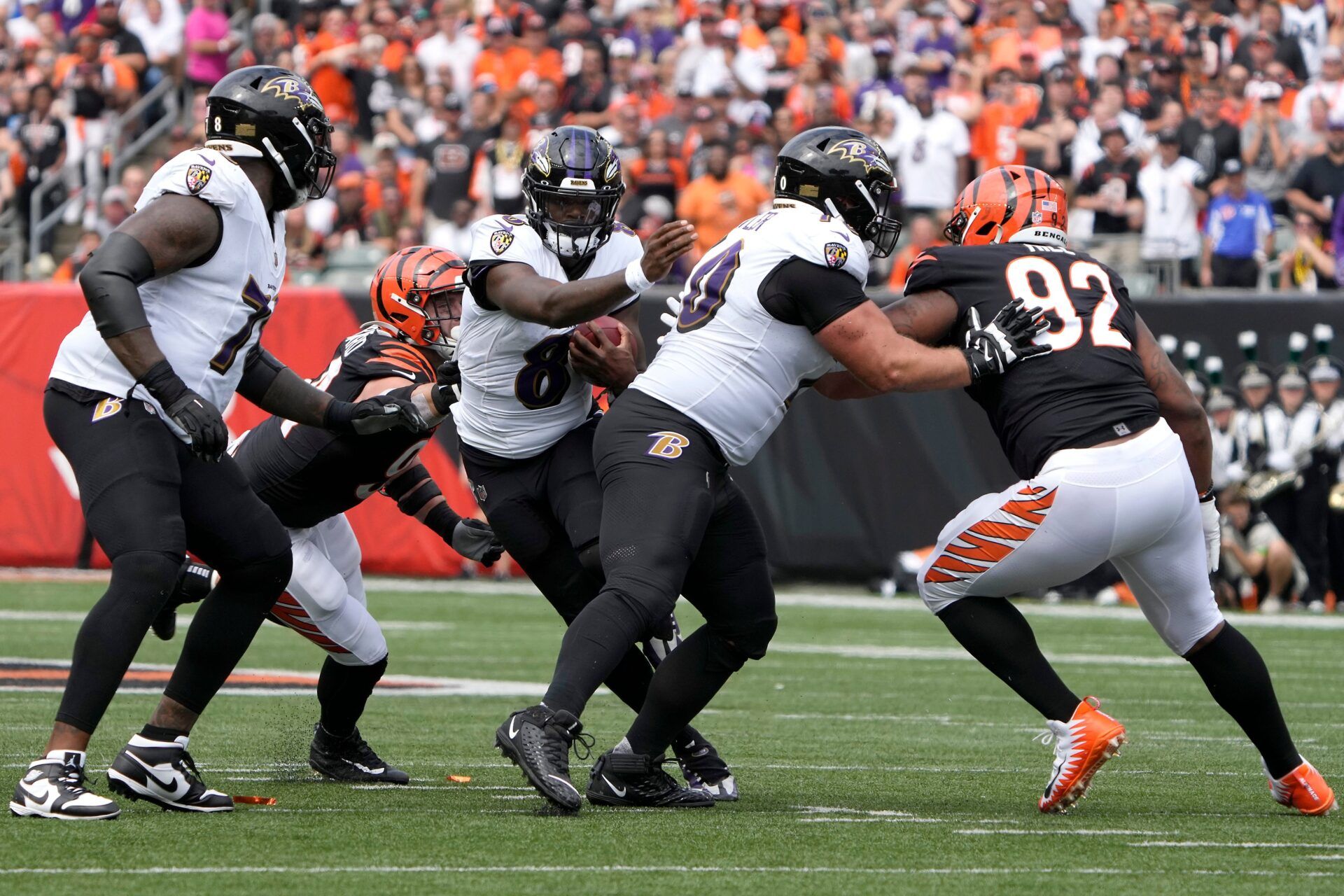 Lamar Jackson (8) carries the ball in the second quarter of a Week 2 NFL football game between the Baltimore Ravens and the Cincinnati Bengals.