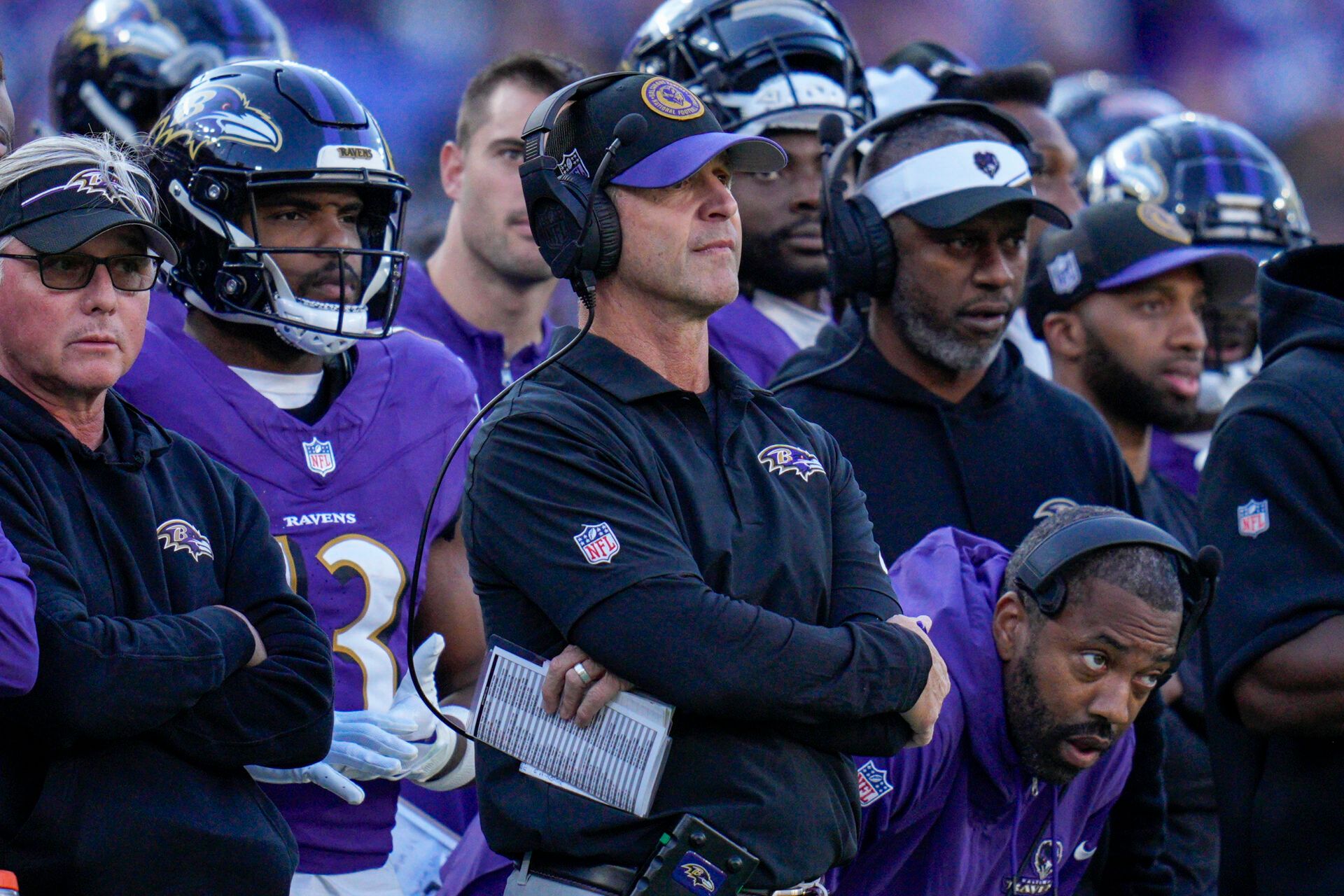 Baltimore Ravens head coach John Harbaugh looks on from the sidelines during the fourth quarter against the Seattle Seahawks at M&T Bank Stadium.