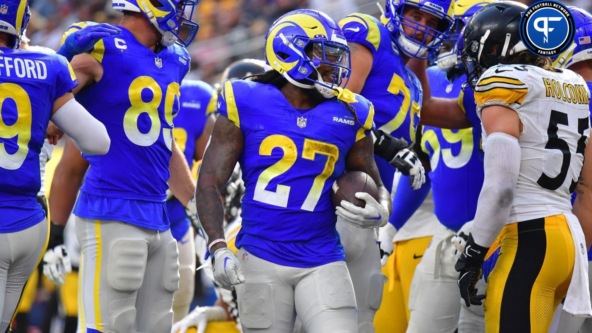 Darrell Henderson Jr. (27) celebrates his touchdown scored against the Pittsburgh Steelers during the second half at SoFi Stadium.