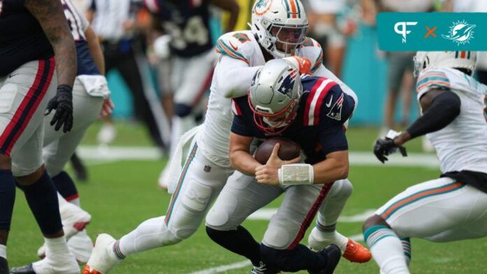 Miami Dolphins LB Bradley Chubb (2) sacks New England Patriots QB Mac Jones (10).