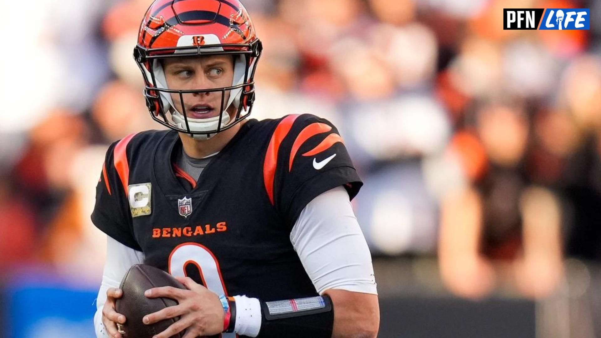 Cincinnati Bengals quarterback Joe Burrow (9) looks left with the snap in the third quarter of the NFL Week 10 game between the Cincinnati Bengals and the Houston Texans at Paycor Stadium in downtown Cincinnati on Sunday, Nov. 12, 2023.