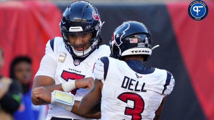 Houston Texans quarterback C.J. Stroud (7) celebrates a touchdown run Houston Texans wide receiver Tank Dell (3) in the fourth quarter of a Week 10 NFL football game between the Houston Texans and the Cincinnati Bengals.