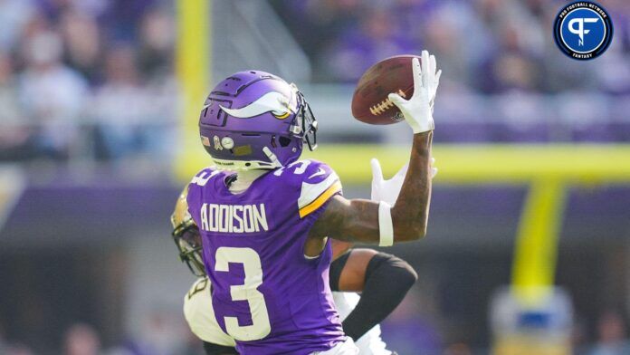 Minnesota Vikings wide receiver Jordan Addison (3) catches a pass against the New Orleans Saints in the first quarter at U.S. Bank Stadium.