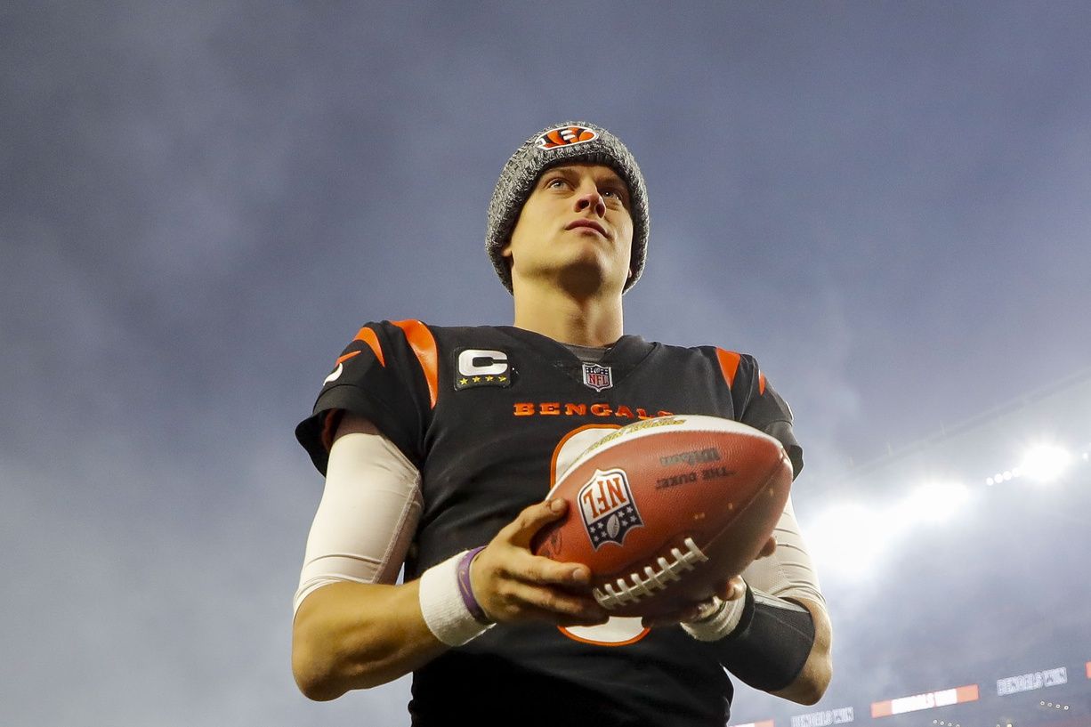 Cincinnati Bengals quarterback Joe Burrow (9) walks off the field after the victory over the Buffalo Bills at Paycor Stadium.