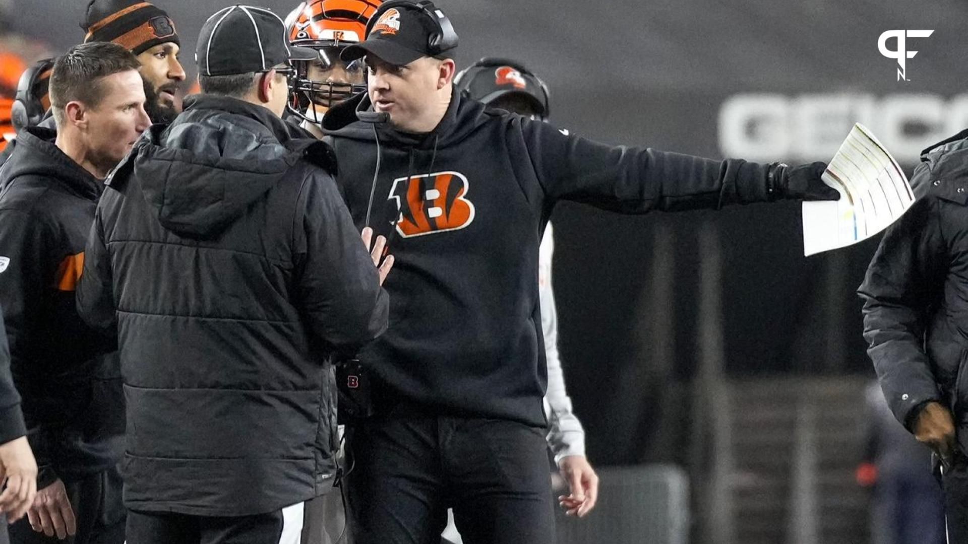 Cincinnati Bengals head coach Zac Taylor appeals to the sideline referee for a penalty against the Baltimore Ravens.