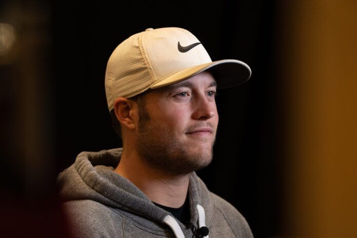 Detroit Lions Quarterback Matt Stafford does an interview during a break in Mitch Albom s Say Detroit Radiothon