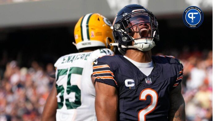 Chicago Bears wide receiver DJ Moore (2) celebrates a first down during second quarter of their game against the Chicago Bears on Sunday, Sept. 10, 2023 at Soldier Field in Chicago.