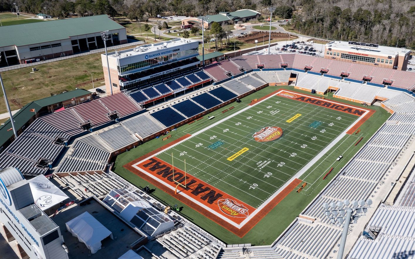 Stadium and signage photos as Senior Bowl practice pauses the day before the game at Hancock Whitney Stadium.