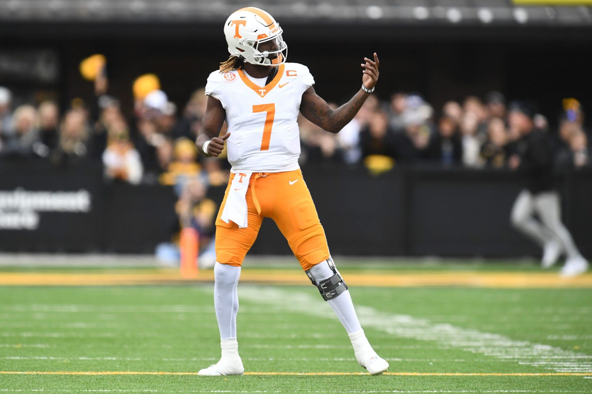 Tennessee quarterback Joe Milton III (7) calls over his team during an NCAA college football game against Missouri on Saturday, November 11, 2023 in Columbia, MO.