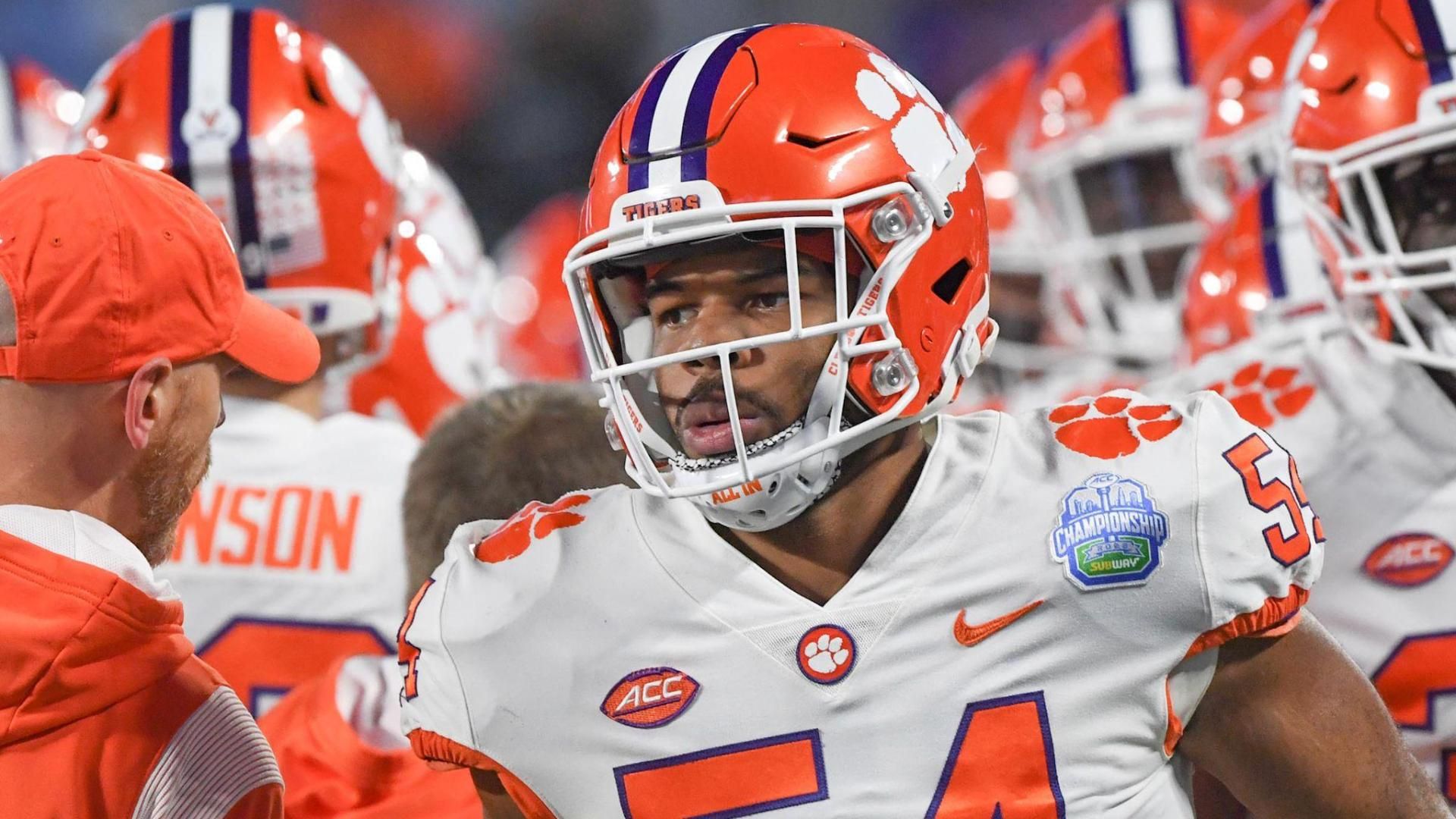 Clemson Tigers linebacker Jeremiah Trotter Jr. (54) warms up before the ACC Championship game against the North Carolina Tar Heels at Bank of America Stadium.