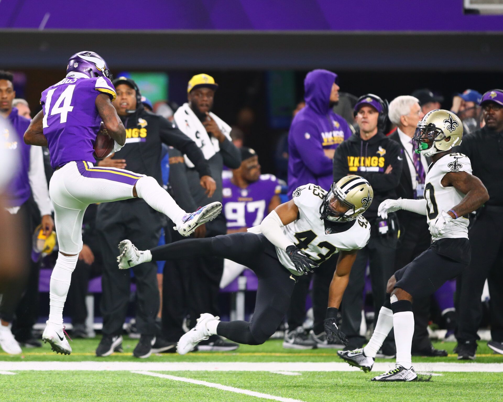 Minnesota Vikings wide receiver Stefon Diggs catches the game winning touchdown as New Orleans Saints safety Marcus Williams (43) misses the tackle and collides with cornerback Ken Crawley (20) in the fourth quarter at U.S. Bank Stadium.