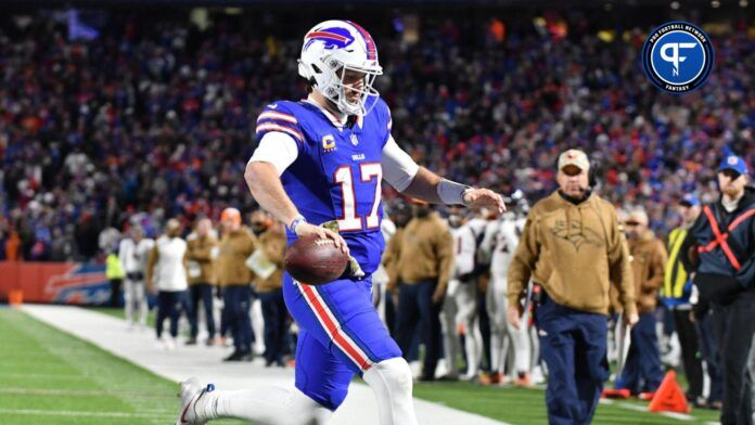 Josh Allen (17) runs for a touchdown in the fourth quarter against the Denver Broncos at Highmark Stadium.