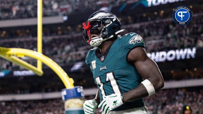 A.J. Brown (11) reacts after his touchdown catch against the Dallas Cowboys during the third quarter at Lincoln Financial Field.