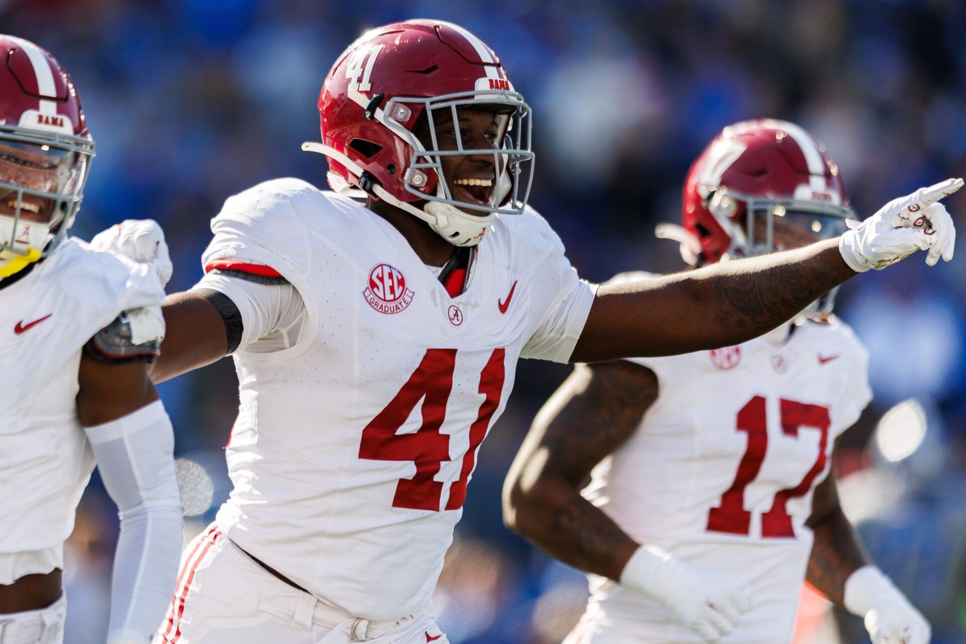 Alabama Crimson Tide linebacker Chris Braswell (41) celebrates after a Kentucky Wildcats fumble during the first quarter at Kroger Field.