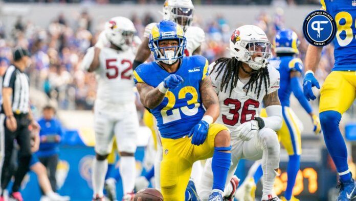 Los Angeles Rams running back Kyren Williams (23) celebrates a first down during the third quarter against the Arizona Cardinals at SoFi Stadium.