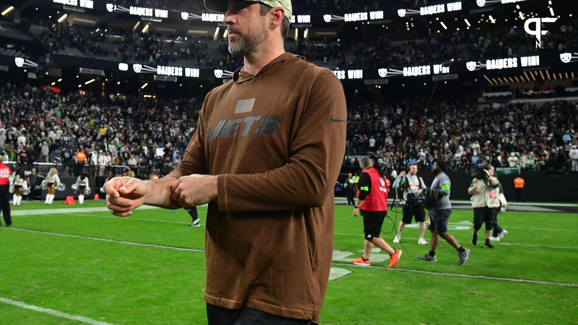 New York Jets quarterback Aaron Rodgers reacts following the loss against the Las Vegas Raiders at Allegiant Stadium.