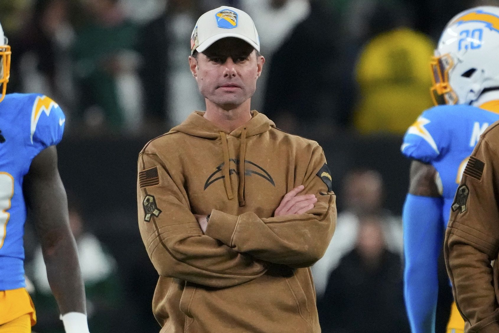 Brandon Staley looks on before a game against the New York Jets at MetLife Stadium.