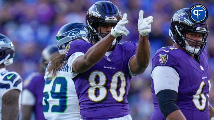 Baltimore Ravens tight end Isaiah Likely (80) celebrates after getting a first down against the Seattle Seahawks during the fourth quarter at M&T Bank Stadium.