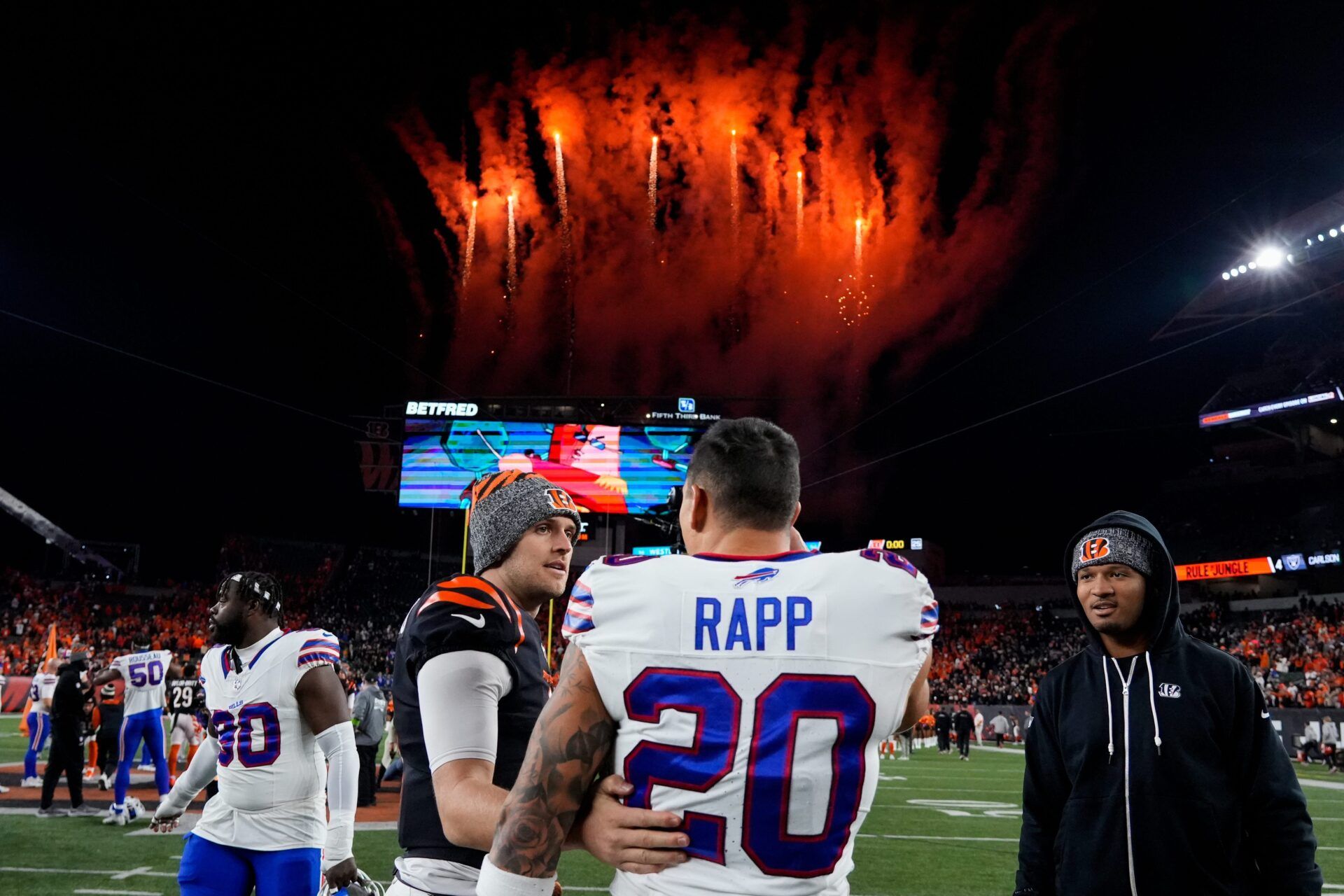 Bengals punter Brad Robbins (10) and Buffalo Bills safety Taylor Rapp (20) chat after the fourth quarter of the NFL Week 9 game between the Cincinnati Bengals and the Buffalo Bills at Paycor Stadium.