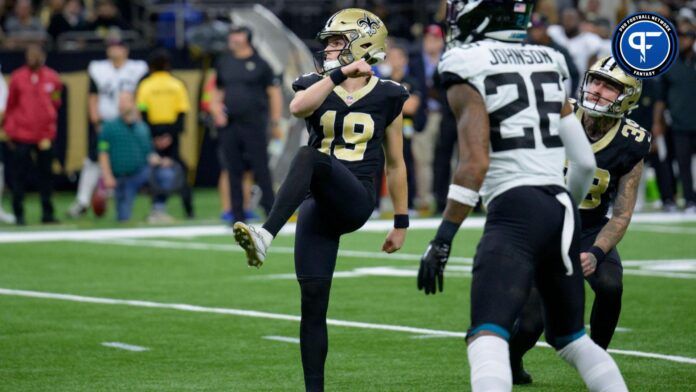 New Orleans Saints place kicker Blake Grupe (19) watches as his field goal goes in against the Jacksonville Jaguars during the first quarter at the Caesars Superdome.