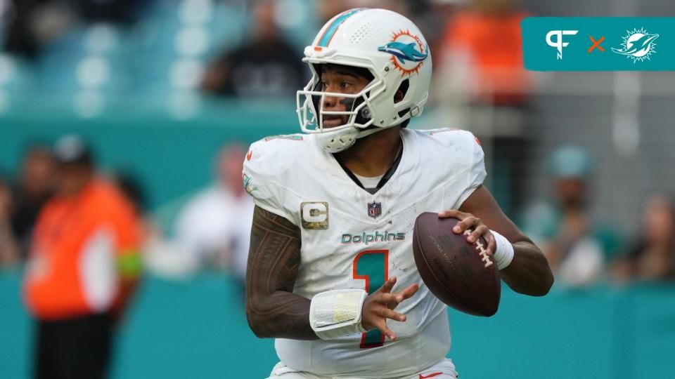 Tua Tagovailoa (1) attempts a pass against the Las Vegas Raiders during the second half at Hard Rock Stadium.