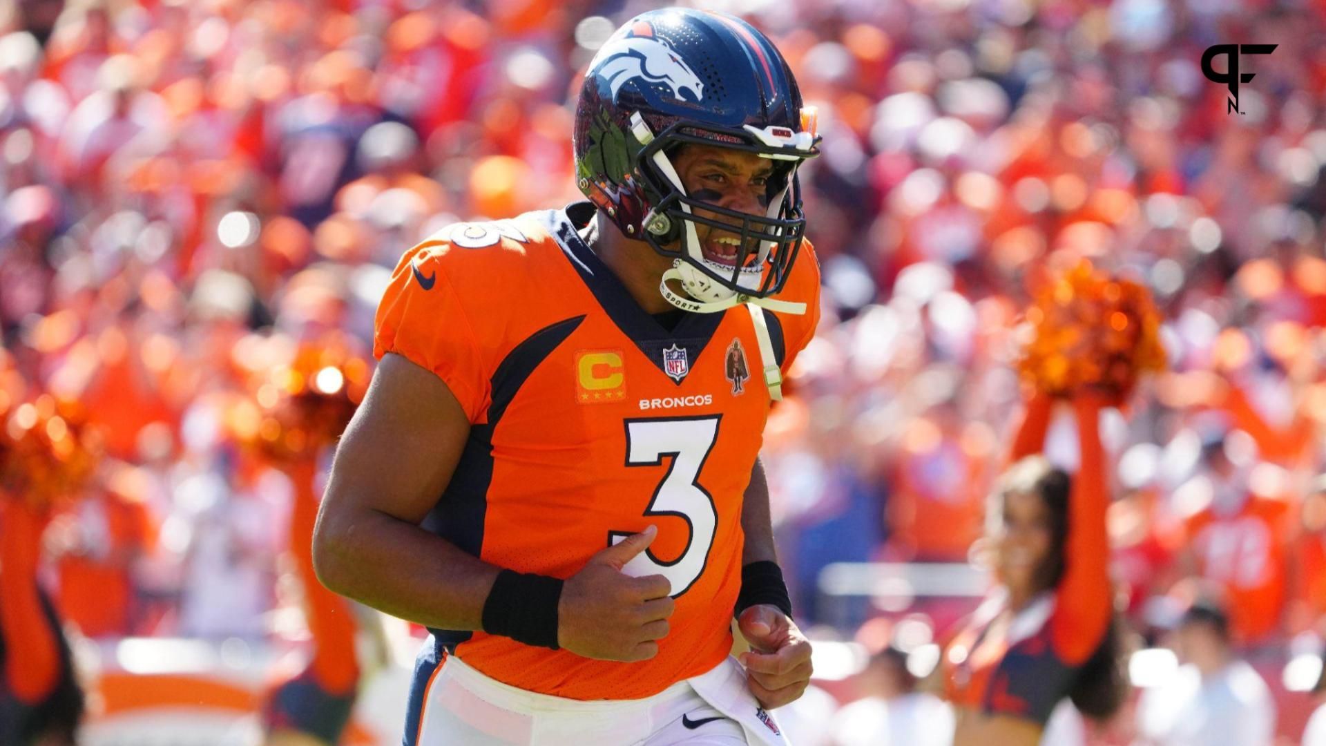 Denver Broncos quarterback Russell Wilson (3) reacts before the game against the Houston Texans at Empower Field at Mile High.