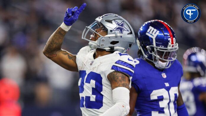 Rico Dowdle (23) reacts during the second half against the New York Giants at AT&T Stadium.