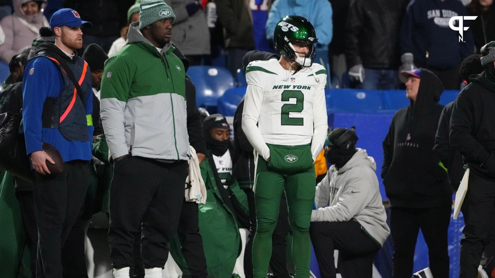 Zach Wilson (2) looks on from the sidelines after being replaced by quarterback Tim Boyle (7) (not pictured) during the second half against the Buffalo Bills at Highmark Stadium.