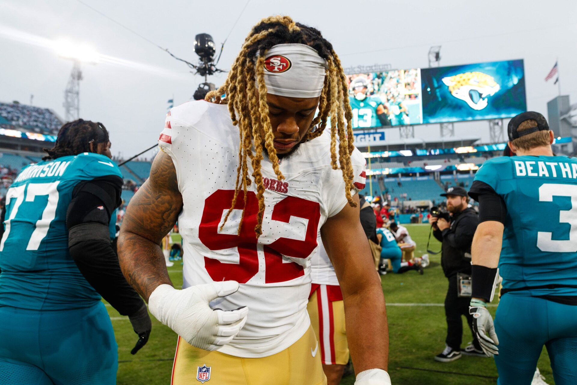 Chase Young (92) after the win against the Jacksonville Jaguars at EverBank Stadium.