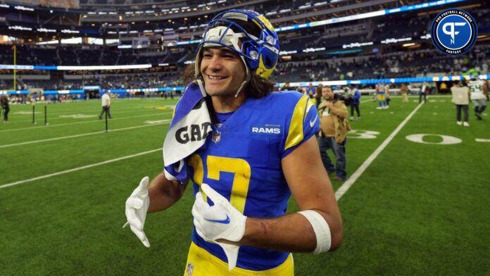 Puka Nacua (17) celebrates after defeating the Seattle Seahawks at SoFi Stadium.