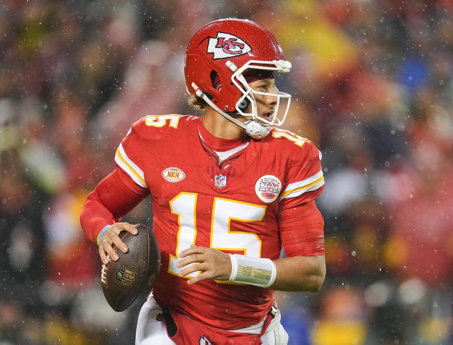 Kansas City Chiefs quarterback Patrick Mahomes (15) drops back to pass during the first half against the Philadelphia Eagles at GEHA Field at Arrowhead Stadium.