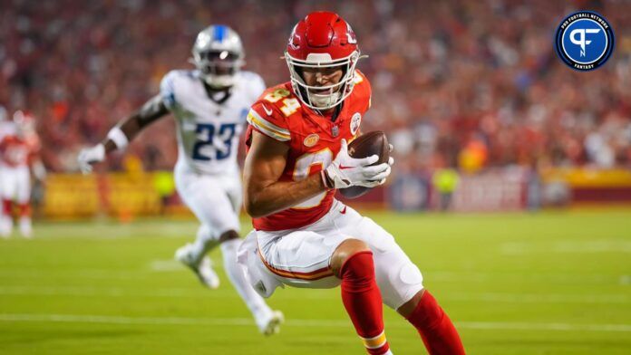 Kansas City Chiefs wide receiver Justin Watson (84) catches a pass against the Detroit Lions during the first half at GEHA Field at Arrowhead Stadium.