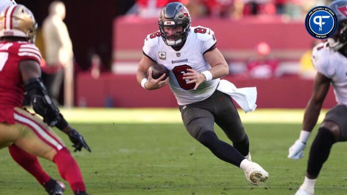 Tampa Bay Buccaneers QB Baker Mayfield (6) runs with the ball against the San Francisco 49ers.