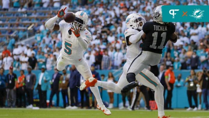 Miami Dolphins CB Jalen Ramsey (5) intercepts a pass against the Las Vegas Raiders.