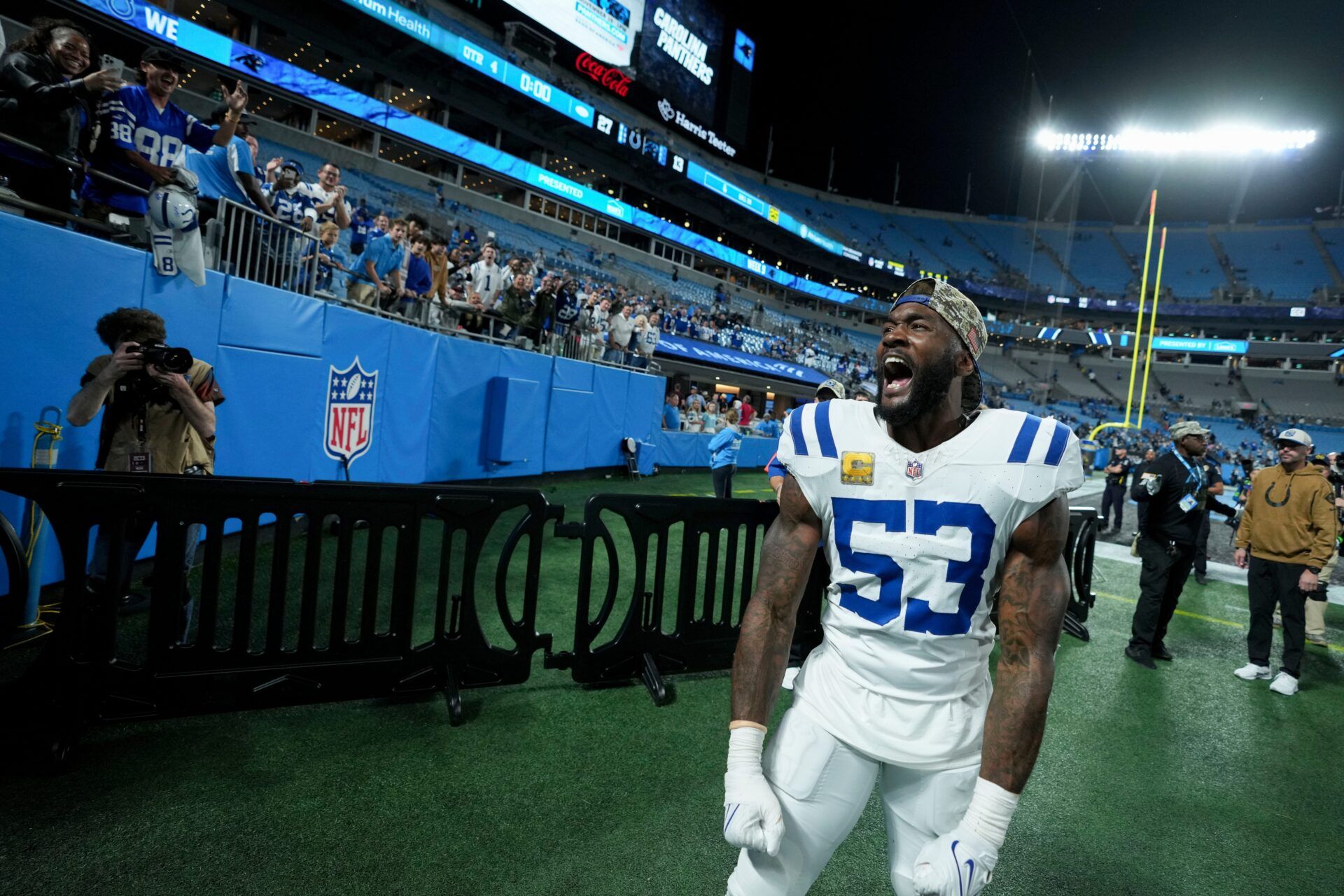 Indianapolis Colts linebacker Shaquille Leonard (53) yells as he leaves the field.