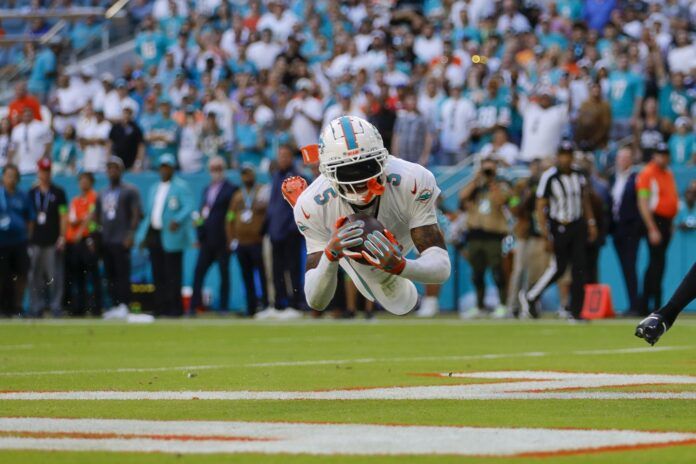 Miami Dolphins CB Jalen Ramsey intercepts the football.