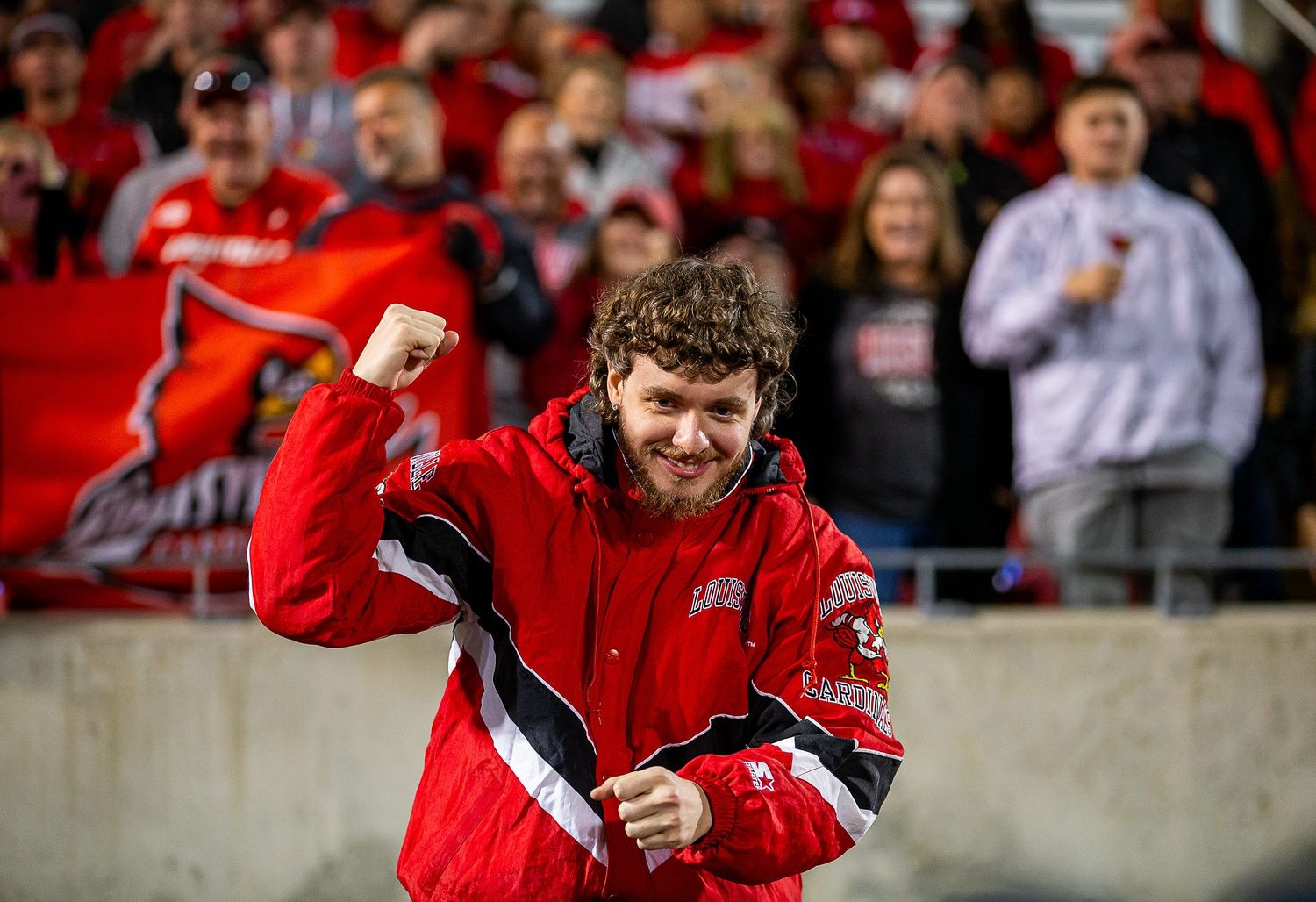 Louisville rap artist Jack Harlow pumped up the crowd during the final moments of Louisville's 33-20 victory over Notre Dame.