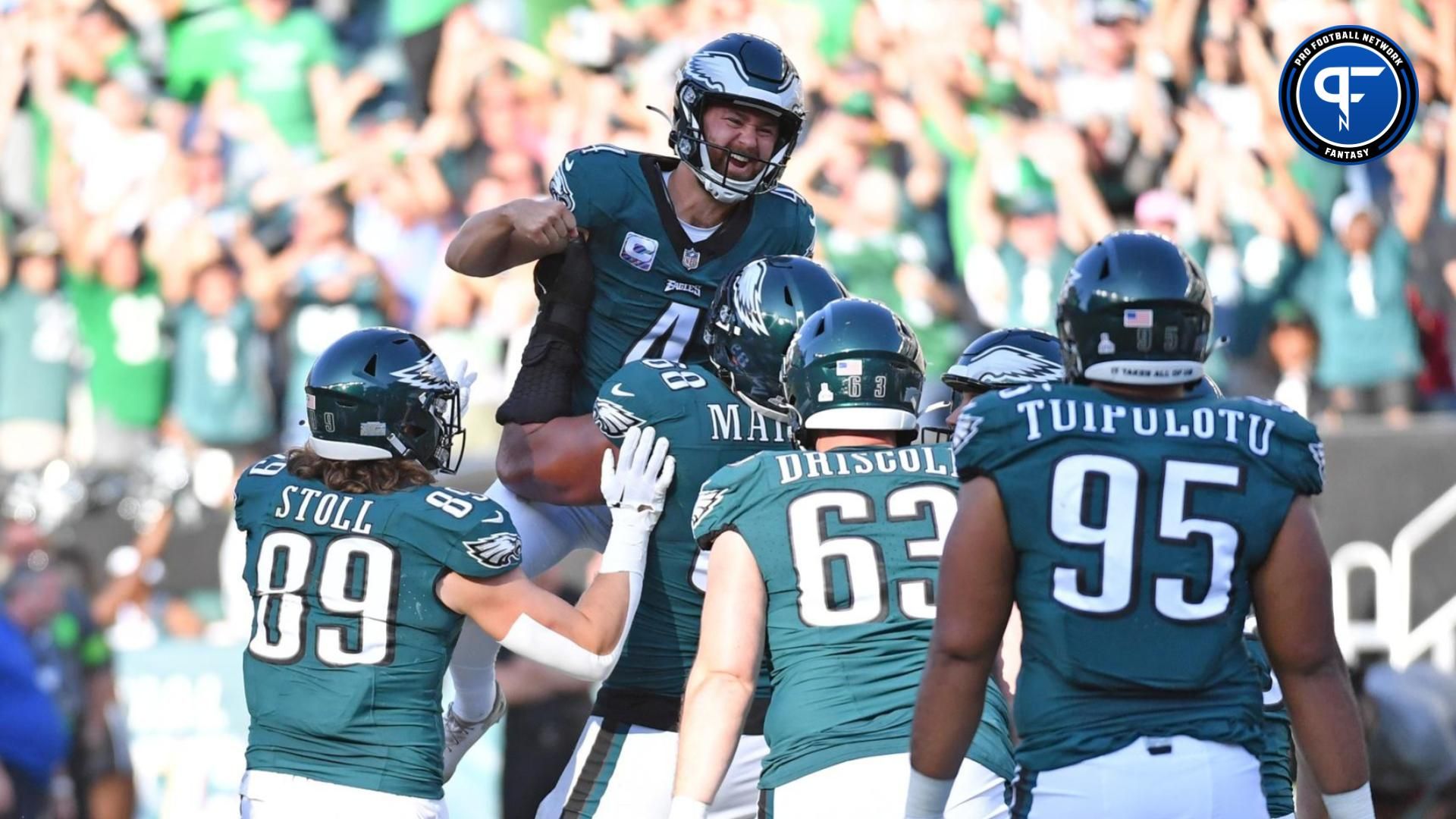 Jake Elliott (4) celebrates after making a 54-yard field goal to defeat the Washington Commanders in overtime at Lincoln Financial Field.