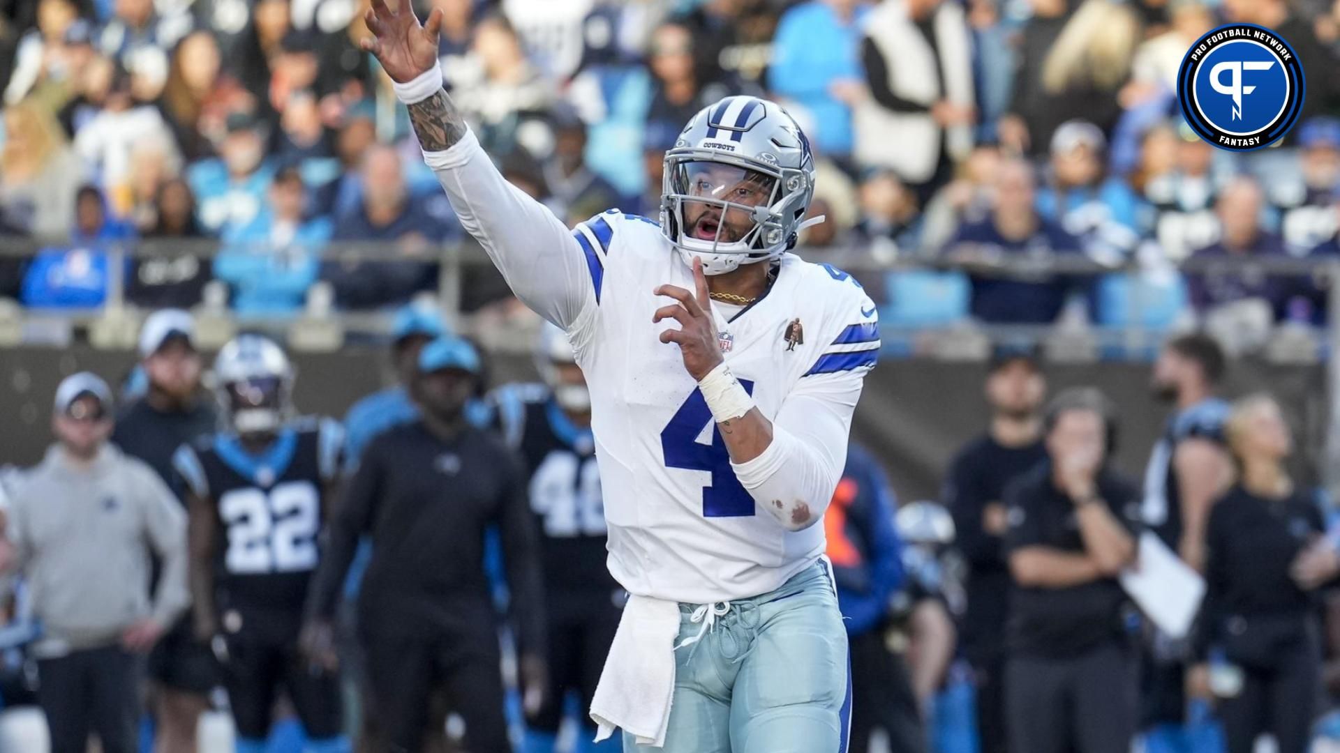 Dak Prescott (4) makes a throw against the Carolina Panthers during the second half at Bank of America Stadium.