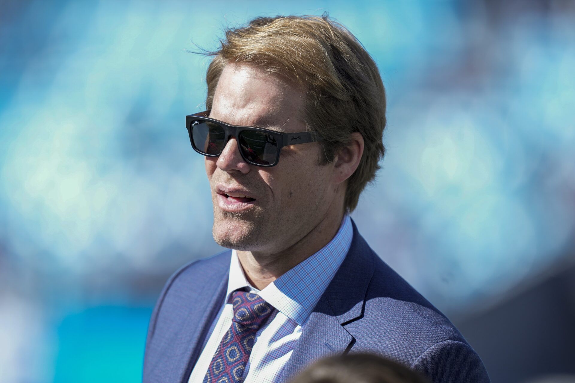 Former Panther and now announcer Greg Olsen during pregame warm ups between the Carolina Panthers and the Dallas Cowboys at Bank of America Stadium.