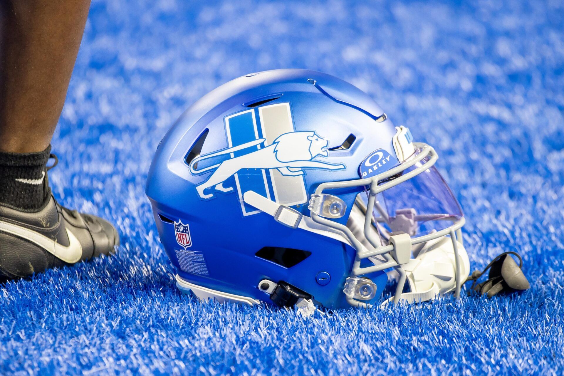 The new Detroit Lions blue helmet being worn for the first time before the Monday Night game against the Las Vegas Raiders at Ford Field.