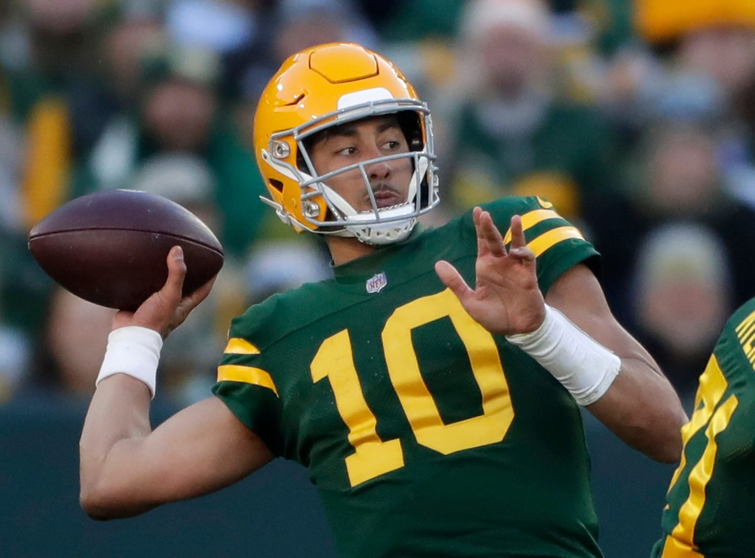 Green Bay Packers quarterback Jordan Love (10) against the Los Angeles Chargers during their football game Sunday, November 19, 2023, at Lambeau Field in Green Bay, Wis. Wm.