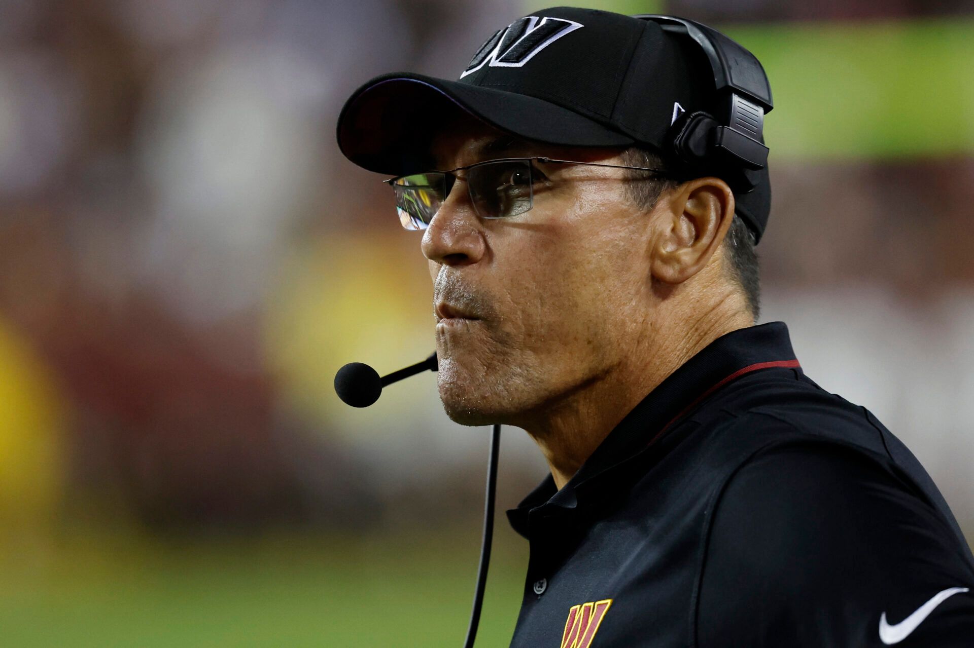 Washington Commanders head coach Ron Rivera looks on from the sidelines against the Chicago Bears during the third quarter at FedExField.