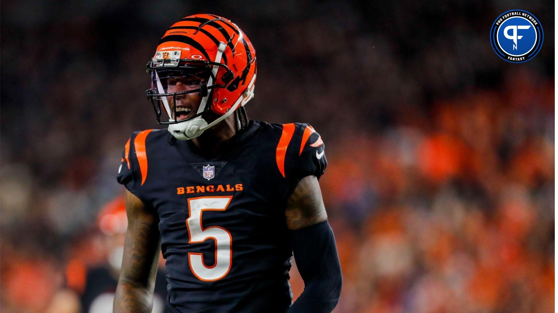 Cincinnati Bengals wide receiver Tee Higgins (5) reacts after advancing the ball against the Buffalo Bills in the second half at Paycor Stadium.